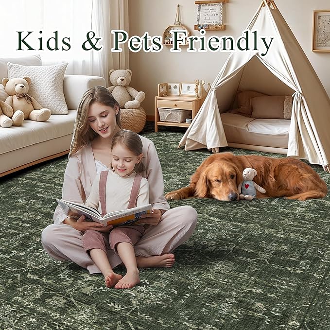 Washable Area Rug 5x7 Green Rugs for Living Room, Vintage Boho Large Rug for Bedroom Dining Room Office, Distressed Floral Print Carpet for Under Table, Soft Non Slip Low Pile Throw Carpet Indoor Mat