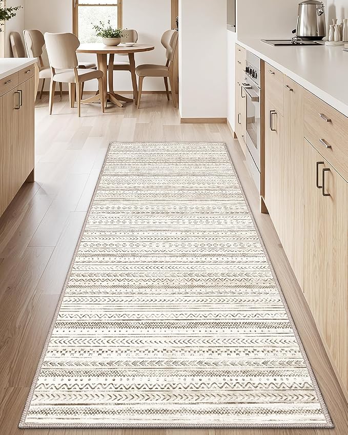 LUMI Washable Rug, 23x59 Kitchen Rugs for Entryway Bathroom, Non-Slip Indoor Door Mat Ultra-Thin, Small Oriental Throw Carpet for Bedroom Entry Office, White and Brown