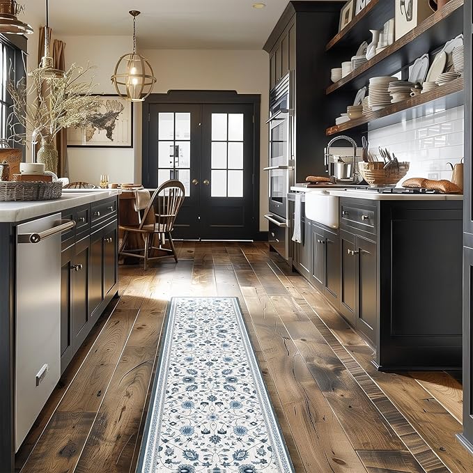 EVERGRACE Hallyway Area Runner Rugs 2x8, Boho Floral Faux Wool Indoor Outdoor Rugs, Washable Rugs for Bedroom Dining Room Living Room Kitchen, Low Pile Floor Mat Carpet for Home Decor, Porcelain Blue