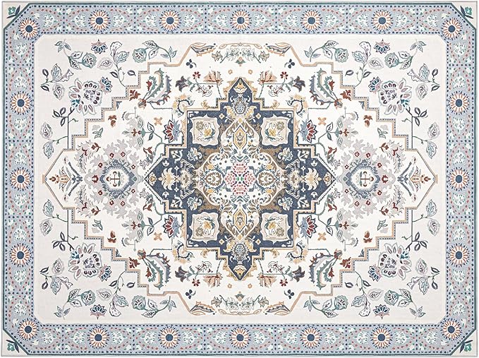 Phantoscope Washable Area Rug 9'x12' Non-Slip, Vintage Boho Rugs for Living Room, Bedroom, Dining Room, Persian Floral Medallion Pattern, Low-Pile Foldable Floor Carpet, Ivory Blue/Garden Bloom