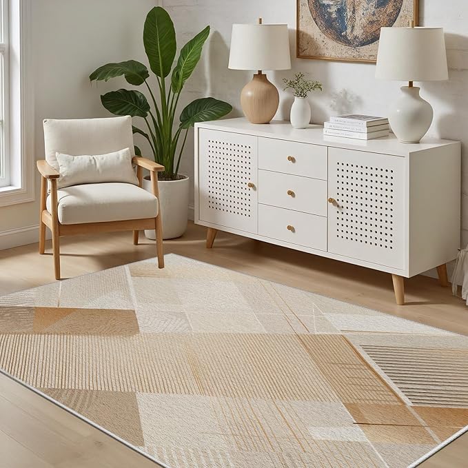 Minimalist Abstract Area Rug 5x7 Brown Boho, Modern Washable Stripe Art Rugs, Soft Non-Slip Low-Pile Carpet for Living Room, Bedroom, Kitchen, Dining Room, Pet Friendly, Non-Shedding, Beige