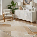Minimalist Abstract Area Rug 5x6 Brown Boho, Modern Washable Stripe Art Rugs, Soft Non-Slip Low-Pile Carpet for Living Room, Bedroom, Kitchen, Dining Room, Pet Friendly, Non-Shedding, Beige