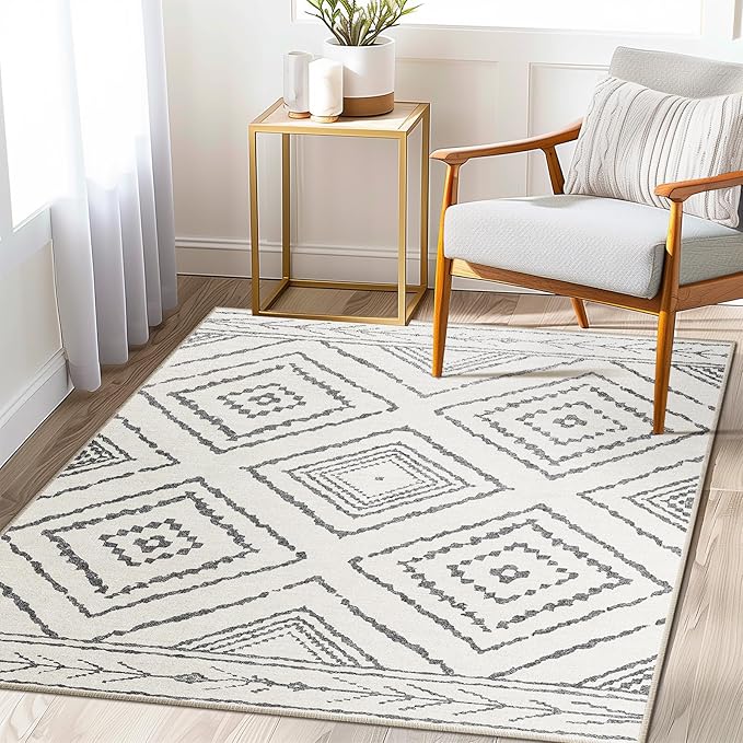 Area Rug 8x8 Rug Machine Washable Non-Slip Low Pile Print Pattern Western Rug for Living Room Bedroom Entryway Tribal Series -Navywhite/Black