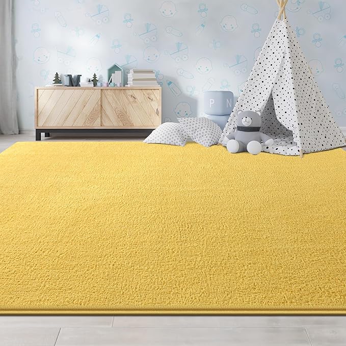 Large Area Rugs for Living Room Bedroom, 4x6 Feet Yellow Rug, Minimalist Modern Shag Rug, Soft Thick Comfy Memory Foam Indoor Carpet, Non-Slip Washable Rug for Boys Girls Dorm Nursery Room Home Decor