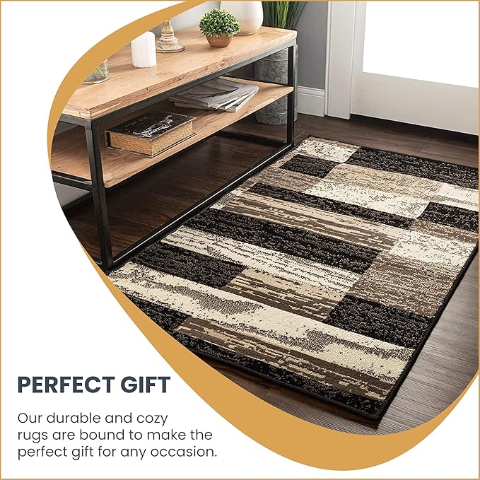 SUPERIOR Indoor Area Rug, Jute Backed, Modern Geometric Patchwork Floor Decor for Bedroom, Office, Living Room, Entryway, Hardwood Floors, Rockwood Collection, 4' x 6', Chocolate