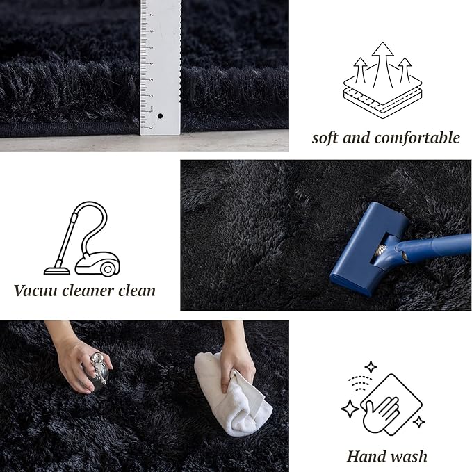 6x9 Area Rugs for Living Room Bedroom, Soft Fluffy Shaggy Bedside Rug, Indoor Floor Carpet for Kids Playroom, Dorms, Nursery Rooms, Home Decor (Black 6'x9')