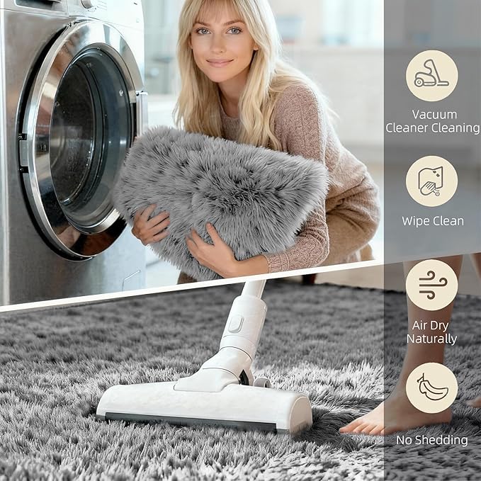 4x6 Solid Fluffy Grey Area Rug – Washable, Durable, Living Room Rug, Non-Slip High Pile Shag Rugs for Bedroom, Living Room, Bedside, Dorms, Nursery Rooms, Kids Room, Soft Indoor Floor Carpet