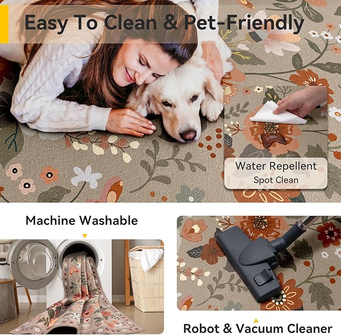 Floral 8x10 Area Rug Machine Washable Soft Print Boho Carpet Non Slip Doormat Low Pile Flower Area Rugs for Living Room Bedroom Nursery Kitchen Dining Room Indoor-Brown/Brick