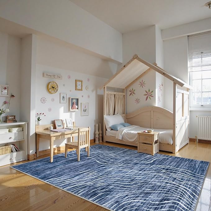 LIVEBOX 8x10 Modern Area Rugs for Living Room, Abstract Non-Slip Washable Rugs, Minimalist Wave Striped Neutral Boys Girl Nursery Area Rug for Bedroom, Carpet for Playroom Office(Navy Blue,8'x10')
