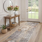 Washable Runner Rug for Hallway: 2.6x12 Neutral Modern Abstract Low Pile Area Rug with Non-Slip Backing - Carpet for Bedroom Kitchen Laundry Entryway Bathroom Indoor - Grey Brown