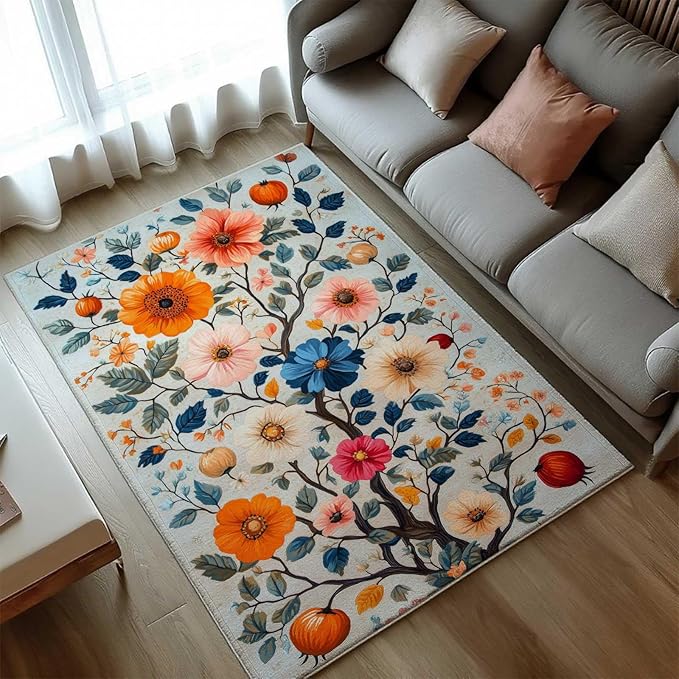 7x10 Colorful Flower Area Rugs, Floral Vintage Large Rugs, Floral Rugs, Botanical Rug, Washable Boho Botanical Non Slip Carpet for Living Room, Bedroom, Kids Room