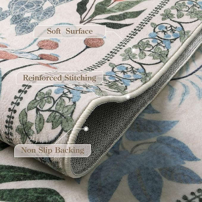 Floral Boho Beige Washable 3x5 Bathroom Entrance Rugs Indoor, Non Slip Flower Botanical Area Rugs for Kitchen Floor Soft Throw Carpet for Laundry Living Room Entrance (Beige,3 x 5)