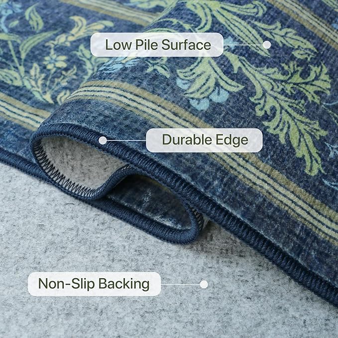 Bavni Floral Dark Blue Area Rugs 6x9, Vintage Boho Carpet Machine Washable, Non Slip Soft Low Pile Thin Rug for Bedroom, Living Room, Dining Room, Nursery
