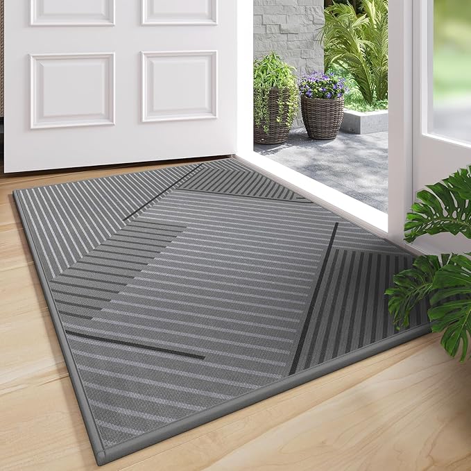 Front Door Mat 17''x30'', Non Slip Absorbent Muddy Dirt Resist Washable Low-Profile Indoor Doormat, Welcome Entryway Door Mats, Grey