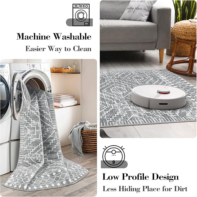 Wonnitar Washable Rug Runner for Kitchen, 2'6"x10' Moroccan Extra Long Runner Rugs for Hallways, Boho Non-Shedding Low Pile Floor Carpet Runner for Entryway Living Room (Silver Grey,2'6"x10')