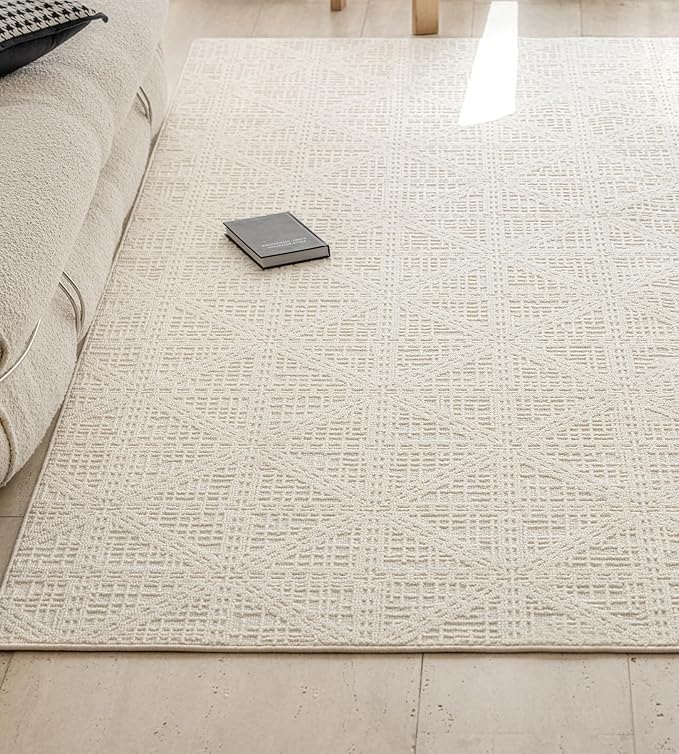 jxgzyy Beige Area Rug, 0.36'' Thick Low Pile Textured Rug, Modern Aesthetic Solid Carpet for High Traffic Area, Stain-Resistant Kitchen Rug with Non-Slip Backing, 5x7