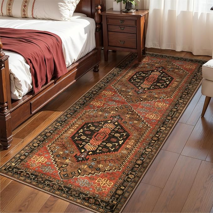 Ciicool Washable Non Slip Runner Rug, 2x6ft Hallway Rug Vintage Kitchen Rugs Red Carpet for Entrance Bedroom Bedside Living Room Kitchen Laundry Bathroom Decor