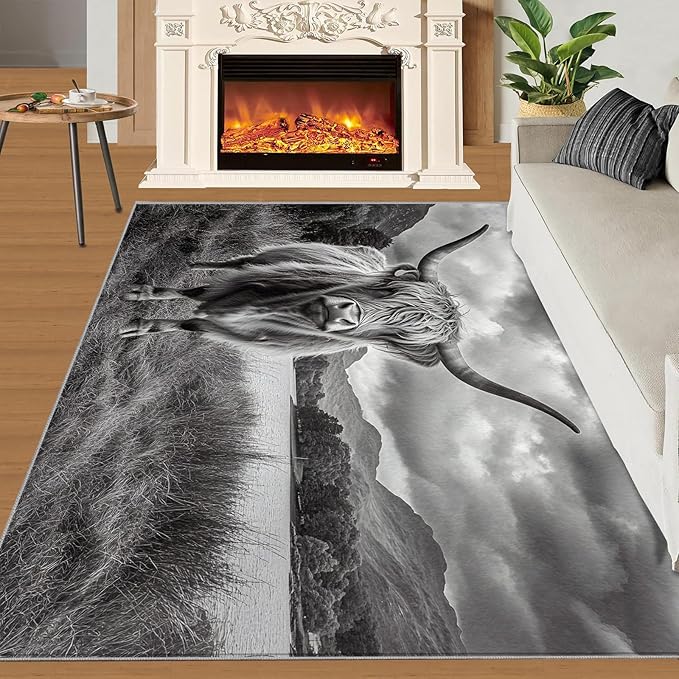 Highland Cattle Rugs for Bedroom - 5x7 Area Rug - Black White Highland Cattle Rugs for Living Room, 3D Natural Landscape Rug, Non-Slip Washable Home Decor Carpet