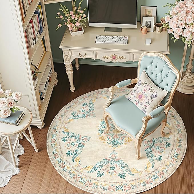 jinchan Round Rug 5ft Area Rugs Vintage Floral Distressed Design, Machine Washable Soft Non-Slip Low-Pile Ultra-Thin Circle Rug for Entryway Living Room Dining Room Bedroom (5' Round, Apricot Multi)