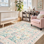 Lahome Large Rugs for Living Room, Boho Machine Washable 8x10 Area Rugs Girls Bedroom Decor, Ultra-Thin Soft Distressed Floral Carpets Non Slip for Office Dining Room, Pink/Multi