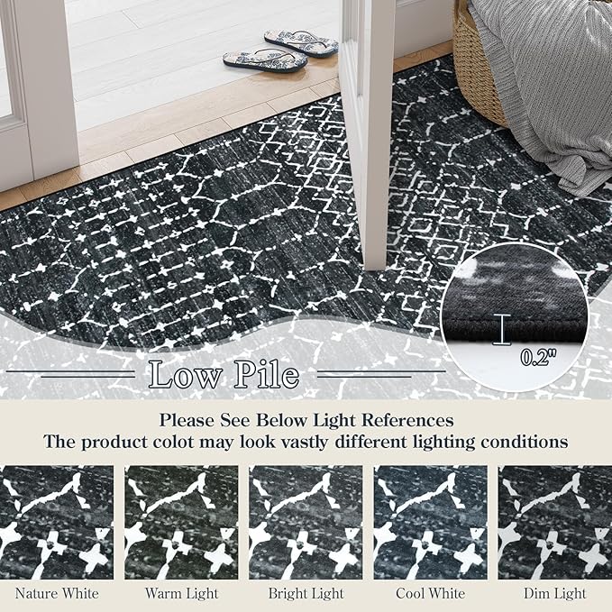 Lahome Moroccan Black Area Rugs 8x10 Living Room Non-Slip Backing Ultra-Thin Large Rug Throw Stain Resistant Dining Room Rugs for Under Table, Geometric Print Modren Soft Rug for Bedroom Office