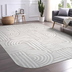 Beverly Rug Modern Geometric Area Rug 8x10 Low-High Pile Durable Soft Abstract Curved Indoor Rugs for Living Dining Room Office Stain Resistant Non Shedding Casual Indoor Carpet Beige White 8 x 10
