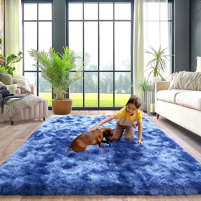 Extra Large 9x12 Feet Fuzzy Rug Fluffy Rug for Living Room, Big Plush Non-Skid Shag Carpet, Soft Shaggy Purple Gray Rugs for Bedroom Indoor Modern Home Decor Tie Dye Blue