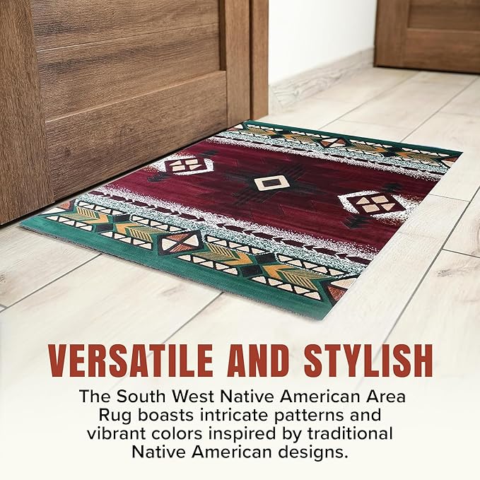 YHSF South West Native American Area Rug C318 - Easy Clean, Thick, Soft, Durable Native Tribal American Indian Inspired Rug for Bedroom/Living Room and More - Burgundy, 2 ft 4 in x 10 ft 11 in