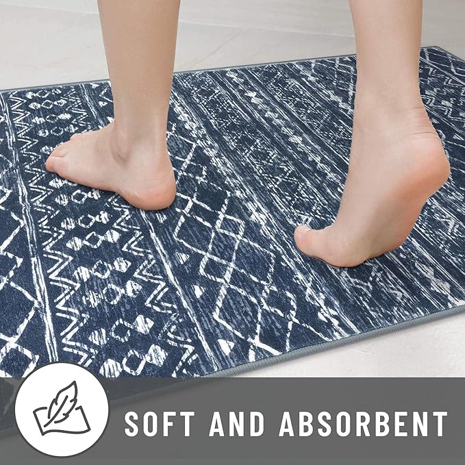 KUTA Boho Kitchen Rugs 2x5 ft Navy Blue Moroccan Washable Runner Rug Non-Slip Vintage Hallway Runners Ultra Soft Distressed Geometric Floor Carpet for Bedroom Laundry Living Room