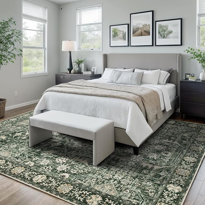Area Rug 5×7 Washable Rugs for Bedroom, Vintage Floral Rug Soft Non Slip Stain Resistant Carpet for Living Room Dinning Room Kitchen Home Office Green Black