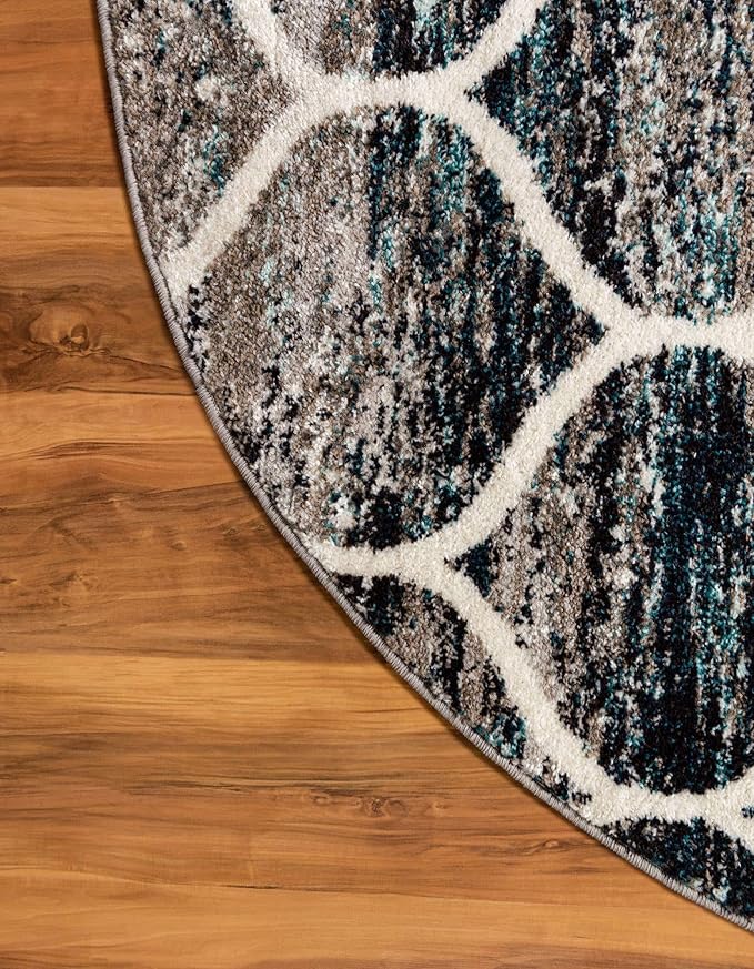 Rugs.com Lattice Frieze Collection Rug – 10' Round Blue Multi Medium Rug Perfect for Kitchens, Dining Rooms