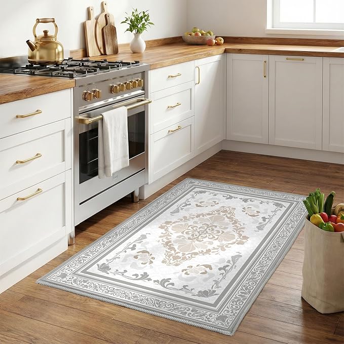 SOULFUL Medium Pile 2x3 Entryway Rug - Soft Foot Feel Small Area Rug - Light Taupe Boho Floral - Washable Non-Slip - Perfect for Hallway Kitchen Bedroom Bathroom Indoor Entrance