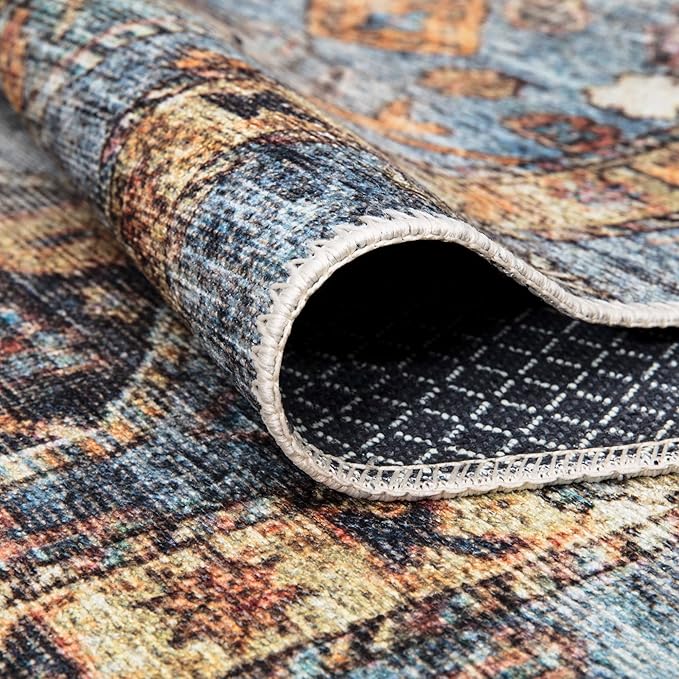 Bloom Rugs Washable Non-Slip 9' x 12' Rug - Blue/Orange Traditional Bordered Area Rug for Living Room, Bedroom, Dining Room, and Kitchen - Exact Size: 9' x 12'