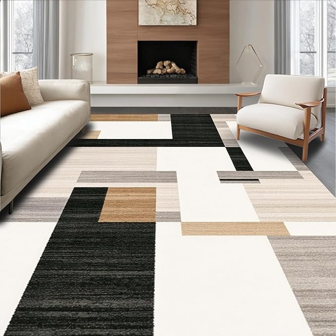Flatwoven High Traffic Area Rug 8x10, Dark Beige Geometry and Dirt Trapper Design, Non Slip, Stain Resistant, Washable Area Rugs for Living Room, Bedroom (Beige, 8x10)