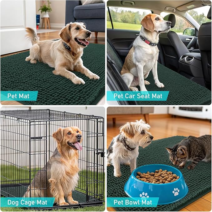OLANLY Dog Door Mat for Muddy Paws 34x21, Absorbs Moisture and Dirt, Absorbent Non-Slip Washable Doormat, Quick Dry Chenille Mud Mat, Entry Indoor Entryway Carpet for Inside Floor, Blackish Green