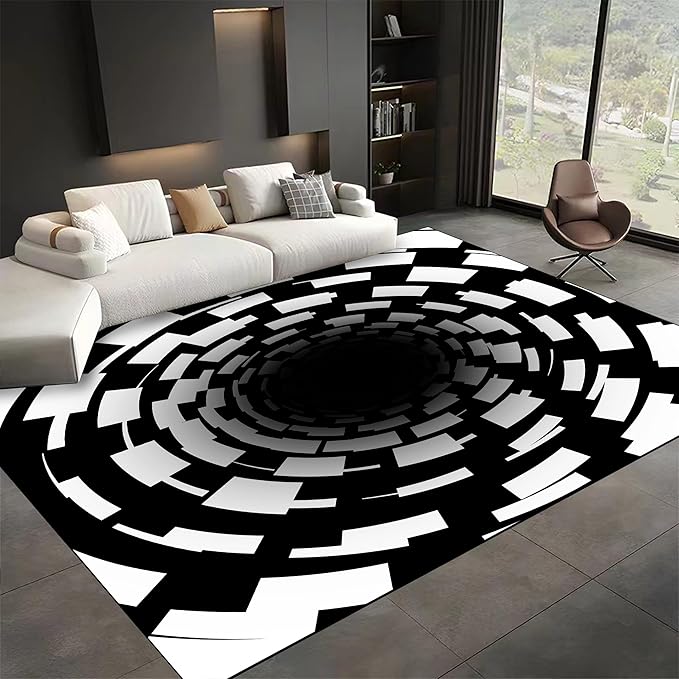 3D Illusion Swirl Area Rugs, 5x6ft, Modern Abstract Grid Black Hole Living Room Carpet, Geometric Black White Check Washable Carpets, Ultra Soft Cozy Shed Resistant Mat for Indoor