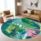 Tropical Leaves Round Rug 7ft - Machine Washable Non-Slip Circular Floor Mat, Short Pile Soft Rug for Living Room, Bedroom, Nursery in Green & Pink Botanical Design