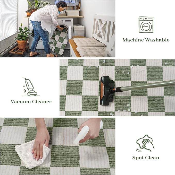 Machine Washable 5x7 Area Rugs for Living Room Checkered, Non Slip Soft Low Pile Farmhouse Geometric Modern Neutral Playroom Boys Rugs for Bedroom, Large Carpet Rugs for Dining Room(Sage Green,5'x7')