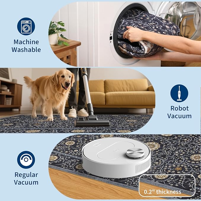 GarveeHome Boho 8x10 Area Rugs for Living Room, Floral Vintage Rugs for Bedroom with Soft Low Pile, Non Slip Stain Resistant Washable Rug 8x10 for Dining Room Blue Large Carpet for Office Playroom
