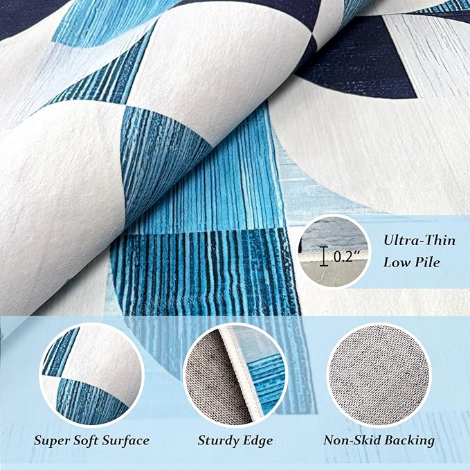 3x5 Rugs Machine Washable, Modern Abstract Area Rugs for Bedroom Entryway Living Room Bedside Low-Pile, Boho Small Throw Floor Carpet Non Slip Soft Indoor Rug Ultra-Thin Navy Blue