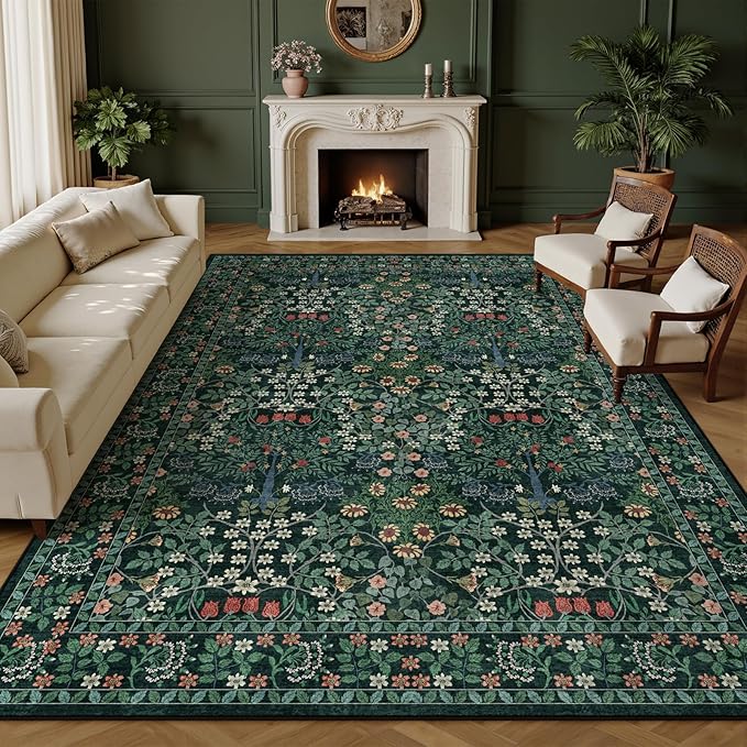 9x12 Area Rug Living Room Rug - Floral Vintage Forest Washable Carpet, Low Pile Non-Slip Stain Resistance Boho Soft Large Carpet for Bedroom, Dining Room Under Table, Farmhouse (9'x12' Dark Green)