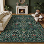 9x12 Area Rug Living Room Rug - Floral Vintage Forest Washable Carpet, Low Pile Non-Slip Stain Resistance Boho Soft Large Carpet for Bedroom, Dining Room Under Table, Farmhouse (9'x12' Dark Green)