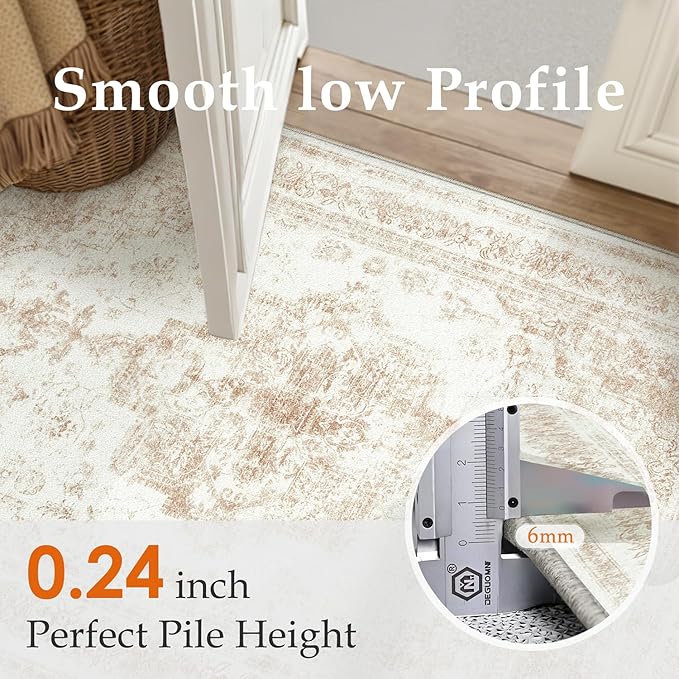 Runner Rug 3x7 Cream Hallway Washable Beige Carpet Non Slip Vintage Medallion Beige Carpet Low Pile Soft Distressed Retro Indoor Long Rug for Entryway Kitchen Bathroom Laundry Bedroom