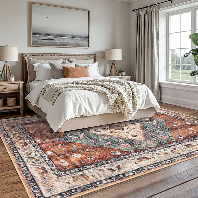 KOZYFLY Boho Area Rug 8x10 Ft Thin Rugs for Living Room Washable Bedroom Rug Non Slip Rugs for Living Room Rust/Orange/Blue Printed Faux Wool Vintage Bedroom Rug Floor Carpet for Dining Room