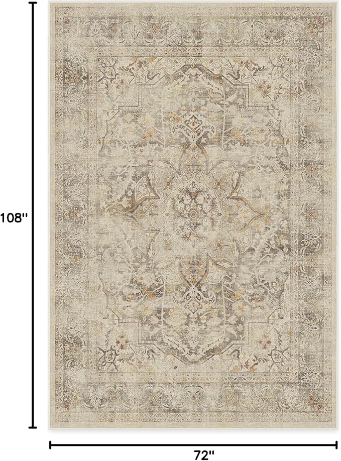RUGGABLE Washable Vintage Area Rug – Sarrah Hazel 6x9, Stain-Resistant, Non-Slip – Medium Machine Washable Rugs for Living Room, Bedroom, Hallway, Entryway & Office–with Cushioned Pad