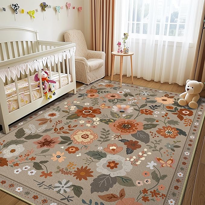 Floral 9x12 Area Rug Machine Washable Soft Print Boho Carpet Non Slip Doormat Low Pile Flower Area Rugs for Living Room Bedroom Nursery Kitchen Dining Room Indoor-Brown/Brick