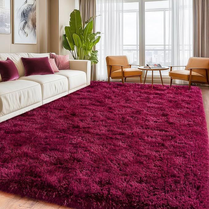 Burgundy Plush Rug for Living Room Fuzzy Carpet for Bedroom Dorm, Non-Slip High Pile Rug, Shag Rug for Playroom Nursery Home Office Decor 8X10 Ft