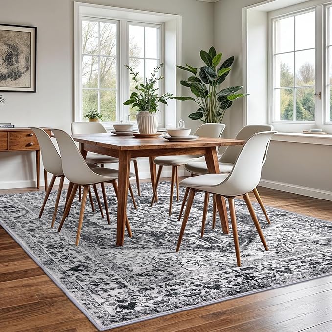 KOZYFLY Boho Area Rug 6x9 Ft Thin Rugs for Living Room Washable Bedroom Rug Non Slip Rugs for Living Room Printed Faux Wool Bedroom Rug Floor Carpet for Dining Room, Grey