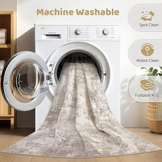 5x7 Area Rugs Living Room: Washable Large Abstract Soft Rug Stain Resistant Indoor Floor Non-Slip Accent Carpet for Women Modern Home Enthusiasts Aged- Bedroom Nursery Playroom- Beige Brown