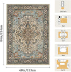5x7 Machine Washable Area Rug for Living Room, Blue Beige Boho Vintage Floral Rug Large Non-Slip Low Pile Soft Faux Wool Carpet, Kids and Pets Friendly for Bedroom Dining Room Farmhouse Decor Rug